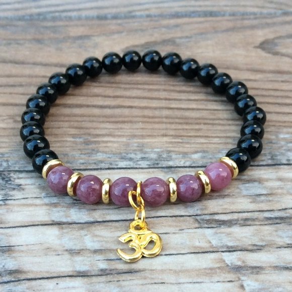 Om bracelet with Tourmaline & Lepidolite. healing bracelet - Picture 1 of 9